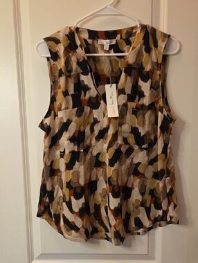 Nine Britton Sleeveless Abstract Print Blouse in Black, Cream, Olive & Rust Sz L